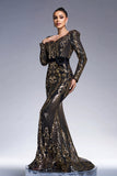 Sparkly Preto Dourado Mangas Longas Bainha Vestido Formal Longo com Bordado de Lantejoulas