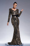 Sparkly Preto Dourado Mangas Longas Bainha Vestido Formal Longo com Bordado de Lantejoulas