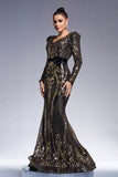 Sparkly Preto Dourado Mangas Longas Bainha Vestido Formal Longo com Bordado de Lantejoulas