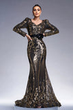 Sparkly Preto Dourado Mangas Longas Bainha Vestido Formal Longo com Bordado de Lantejoulas