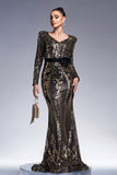 Sparkly Preto Dourado Mangas Longas Bainha Vestido Formal Longo com Bordado de Lantejoulas