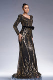 Sparkly Preto Dourado Mangas Longas Bainha Vestido Formal Longo com Bordado de Lantejoulas