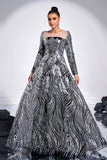 Preto Prata Floral A-Line Ilusão Pescoço Mangas Longas Vestido Formal