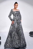 Preto Prata Floral A-Line Ilusão Pescoço Mangas Longas Vestido Formal