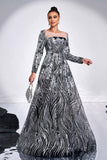 Preto Prata Floral A-Line Ilusão Pescoço Mangas Longas Vestido Formal