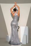 Sereia Prata Brilhante Sequins Ruffle Flor Vestido Formal Longo com Fenda