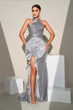 Sereia Prata Brilhante Sequins Ruffle Flor Vestido Formal Longo com Fenda