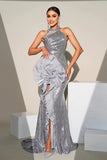 Sereia Prata Brilhante Sequins Ruffle Flor Vestido Formal Longo com Fenda