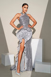 Sereia Prata Brilhante Sequins Ruffle Flor Vestido Formal Longo com Fenda