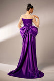 Roxo escuro Sereia Ilusão Pescoço Mangas Longas Pérolas Cetim Vestido Formal com Arco