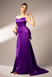 Roxo escuro Sereia Ilusão Pescoço Mangas Longas Pérolas Cetim Vestido Formal com Arco