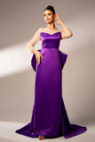 Roxo escuro Sereia Ilusão Pescoço Mangas Longas Pérolas Cetim Vestido Formal com Arco