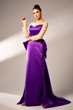 Roxo escuro Sereia Ilusão Pescoço Mangas Longas Pérolas Cetim Vestido Formal com Arco
