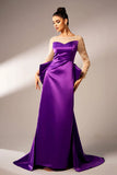 Roxo escuro Sereia Ilusão Pescoço Mangas Longas Pérolas Cetim Vestido Formal com Arco