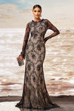 Preto damasco sereia babado pescoço mangas compridas ruched renda longo vestido formal