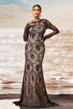 Preto damasco sereia babado pescoço mangas compridas ruched renda longo vestido formal