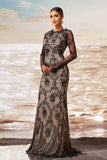 Preto damasco sereia babado pescoço mangas compridas ruched renda longo vestido formal