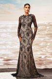 Preto damasco sereia babado pescoço mangas compridas ruched renda longo vestido formal