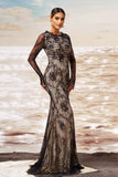 Preto damasco sereia babado pescoço mangas compridas ruched renda longo vestido formal