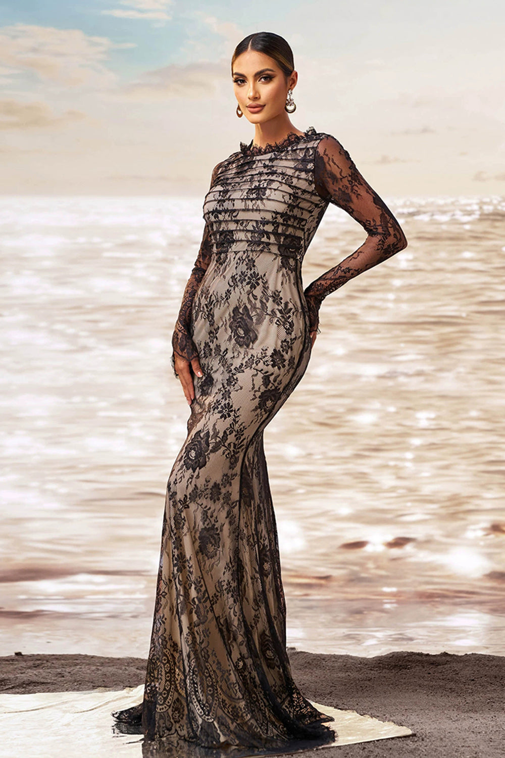 Preto damasco sereia babado pescoço mangas compridas ruched renda longo vestido formal