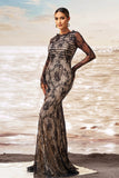 Preto damasco sereia babado pescoço mangas compridas ruched renda longo vestido formal