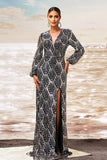 Preto Prata Bainha V Pescoço Mangas Longas Vestido Formal Longo com Fenda
