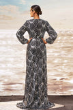 Preto Prata Bainha V Pescoço Mangas Longas Vestido Formal Longo com Fenda
