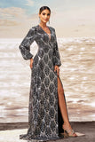 Preto Prata Bainha V Pescoço Mangas Longas Vestido Formal Longo com Fenda