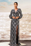 Preto Prata Bainha V Pescoço Mangas Longas Vestido Formal Longo com Fenda