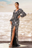 Preto Prata Bainha V Pescoço Mangas Longas Vestido Formal Longo com Fenda