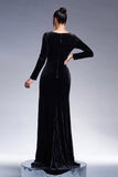 Sereia Preta V Pescoço Mangas Longas Tassels Veludo Vestido Formal Longo com Fenda