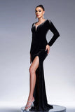 Sereia Preta V Pescoço Mangas Longas Tassels Veludo Vestido Formal Longo com Fenda