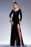 Sereia Preta V Pescoço Mangas Longas Tassels Veludo Vestido Formal Longo com Fenda