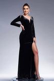 Sereia Preta V Pescoço Mangas Longas Tassels Veludo Vestido Formal Longo com Fenda