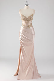 Vestido de Baile Longo Alças Finas Brilhante Champanhe Lantejoulas com Fenda