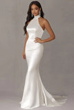 Halter Sereia Stretch Cetim Marfim Vestido de Noiva