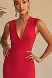 Cetim vermelho V-neck mangas vestido formal