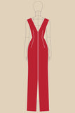 Cetim vermelho V-neck mangas vestido formal