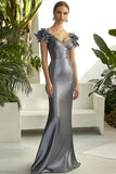 Vestido formal metalizado cinza escuro V-neck vestido formal com flores 3D