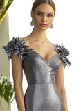 Vestido formal metalizado cinza escuro V-neck vestido formal com flores 3D