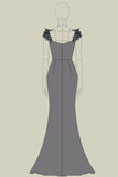 Vestido formal metalizado cinza escuro V-neck vestido formal com flores 3D