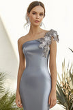 Elegante um ombro cinza escuro cetim vestido formal com flores 3D