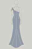 Elegante um ombro cinza escuro cetim vestido formal com flores 3D