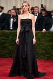 Uma linha sem alças preto cetim arco vestido de gala