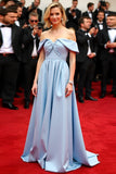 Azul claro Uma linha destacável mangas plissado vestido de gala de cetim