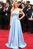 Azul claro Uma linha destacável mangas plissado vestido de gala de cetim