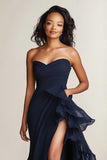 Marinha querida sereia vestido formal longo com fenda