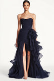 Navy A Line Slit plissado vestido de baile de formatura com babados Sash