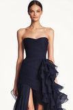 Navy A Line Slit plissado vestido de baile de formatura com babados Sash