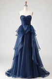 Vestido de Baile Longo, Princesa Azul Azul-Marinho A-Line Sem alças e folhos